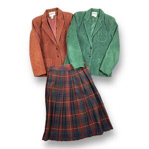 Vintage 80s plaid pleated outfit Corduroy jacket set 3pc Matching Set Sz 9 26” W